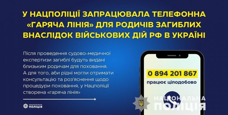 В Нацполиции заработала телефонная «горячая линия» для родственников погибших в результате военных действий России в Украине